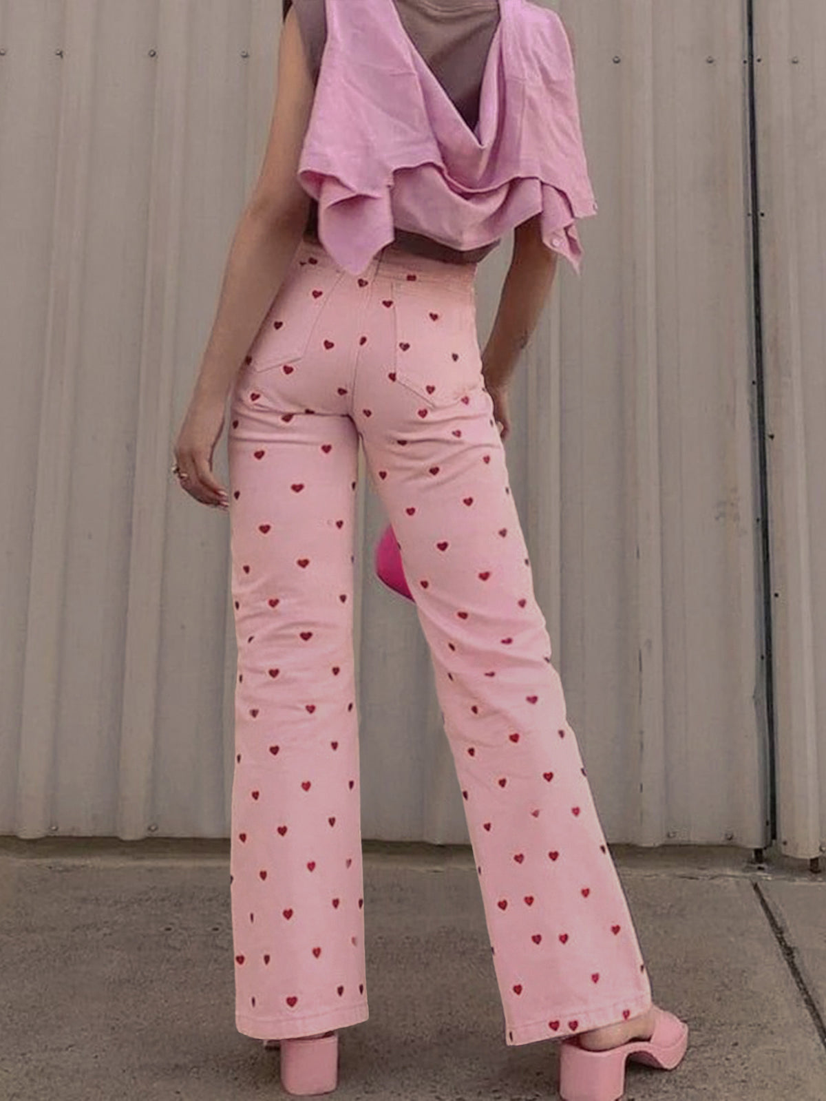 Scattered Heart Print Straight Leg Jeans - Pink - 2