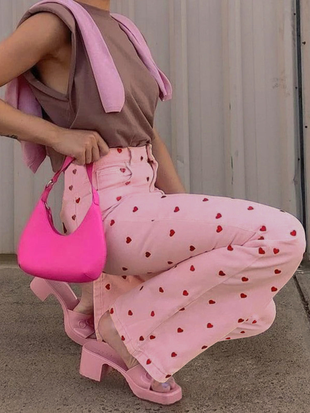 Scattered Heart Print Straight Leg Jeans - Pink - 3