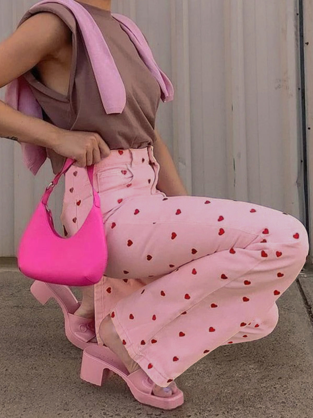 Scattered Heart Print Straight Leg Jeans - Pink - 3