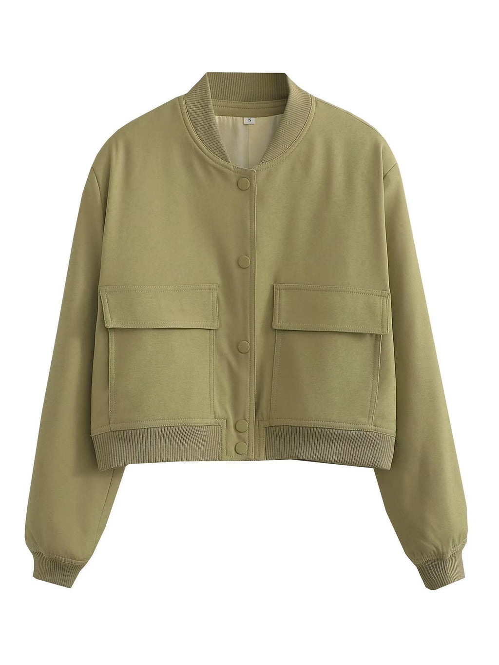 Cropped Bomber Jacket With Twin Flap Pockets - Olive