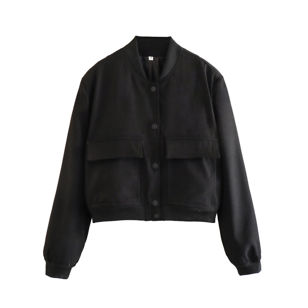 Cropped Bomber Jacket With Twin Flap Pockets - black