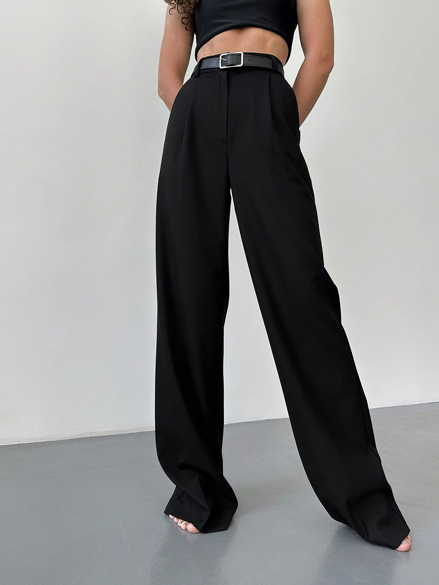 Belted Pleated Wide Leg Suit Trousers - Black