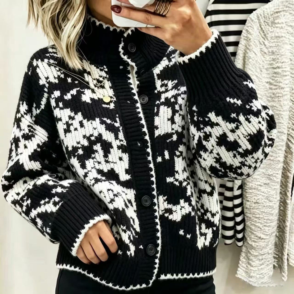 Abstract Jacquard Mock Neck Button Cardigan - Black