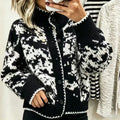 Abstract Jacquard Mock Neck Button Cardigan - Black