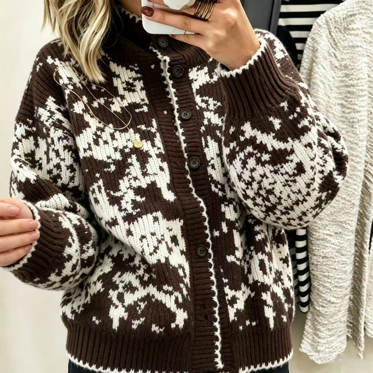 Abstract Jacquard Mock Neck Button Cardigan - Coffee