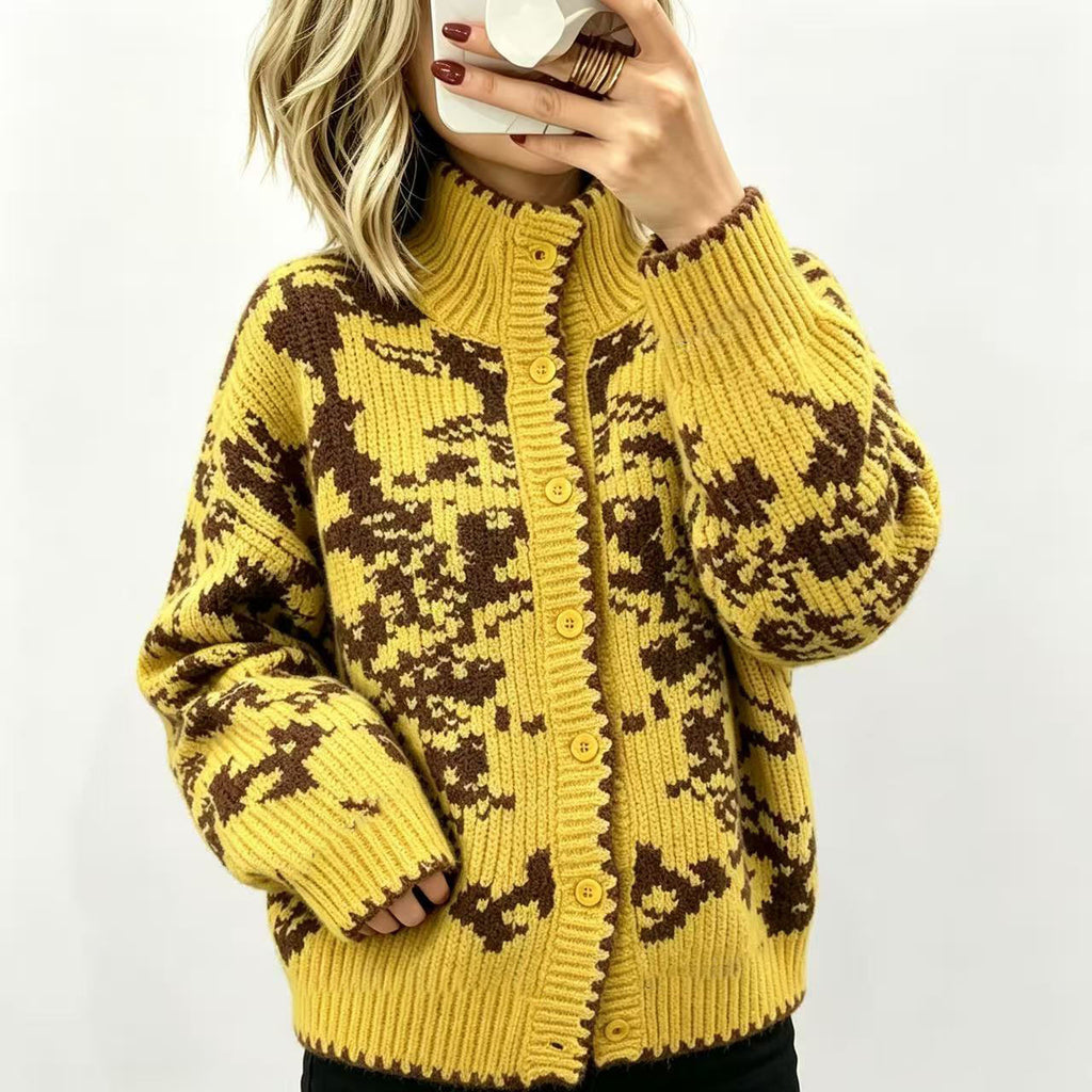 Abstract Jacquard Mock Neck Button Cardigan - Ginger