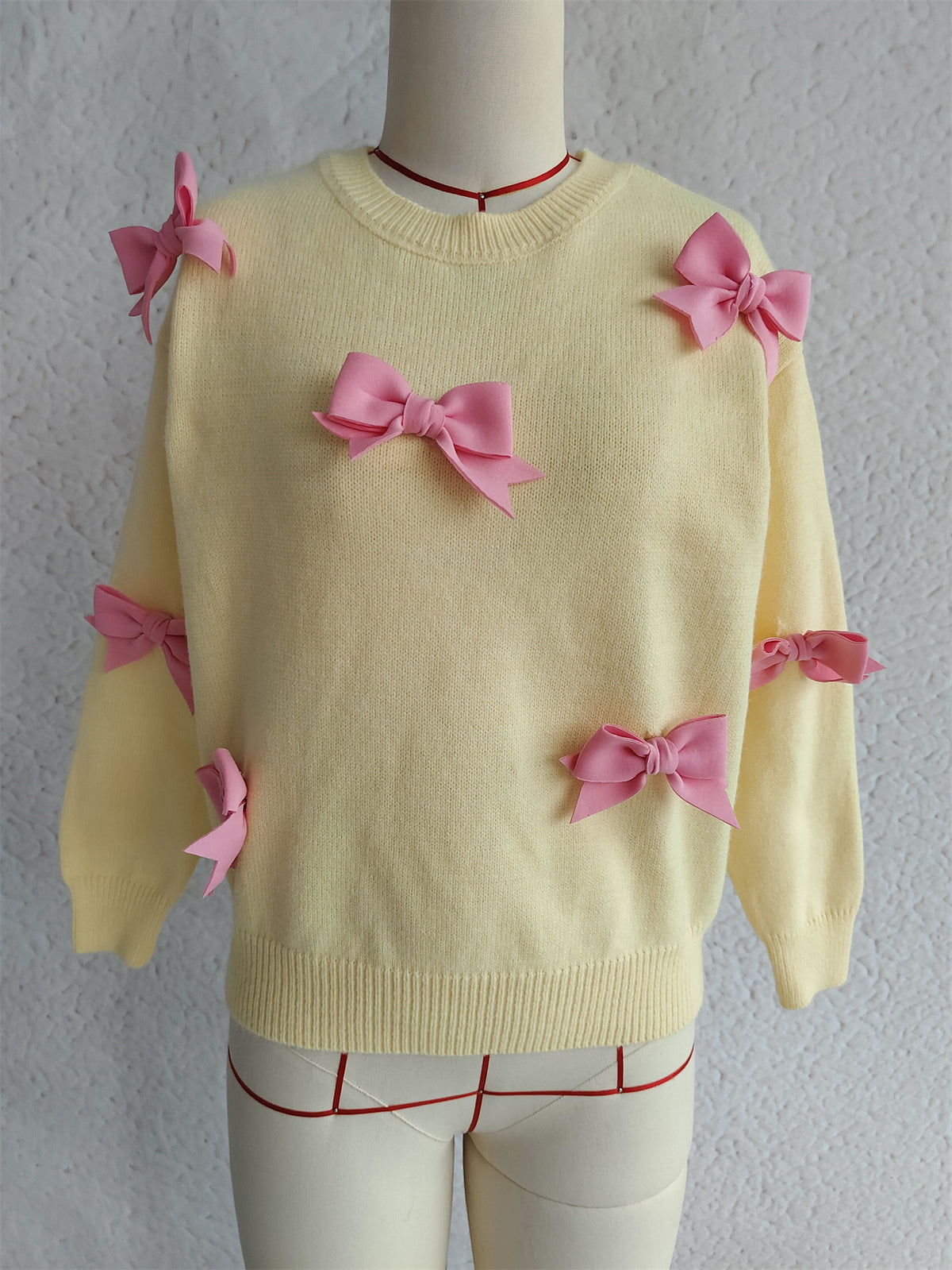 Scattered Ribbon Bow Crewneck Knit Sweater - Yellow