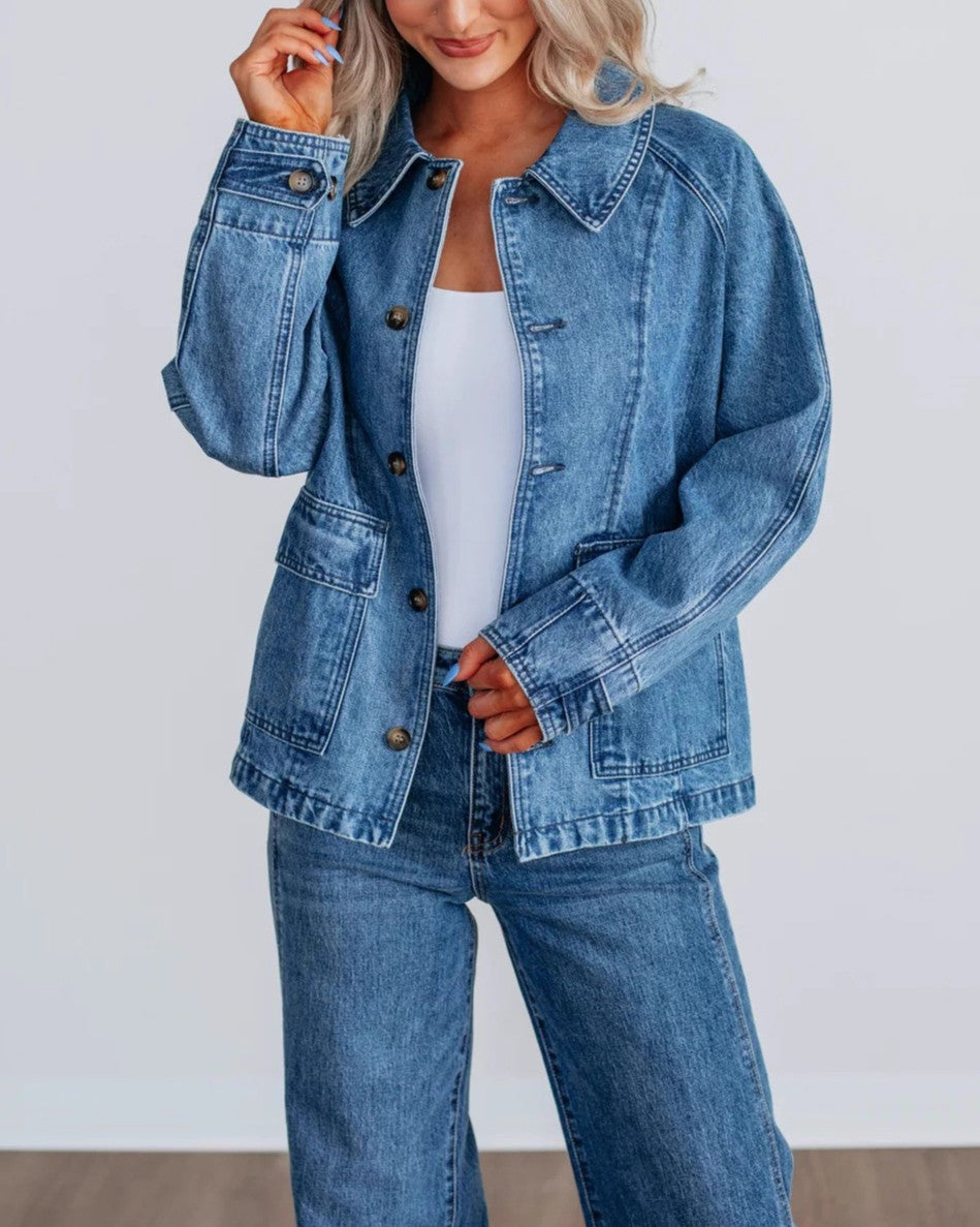 Slouchy Drop Shoulder Denim Trucker Jacket - Blue