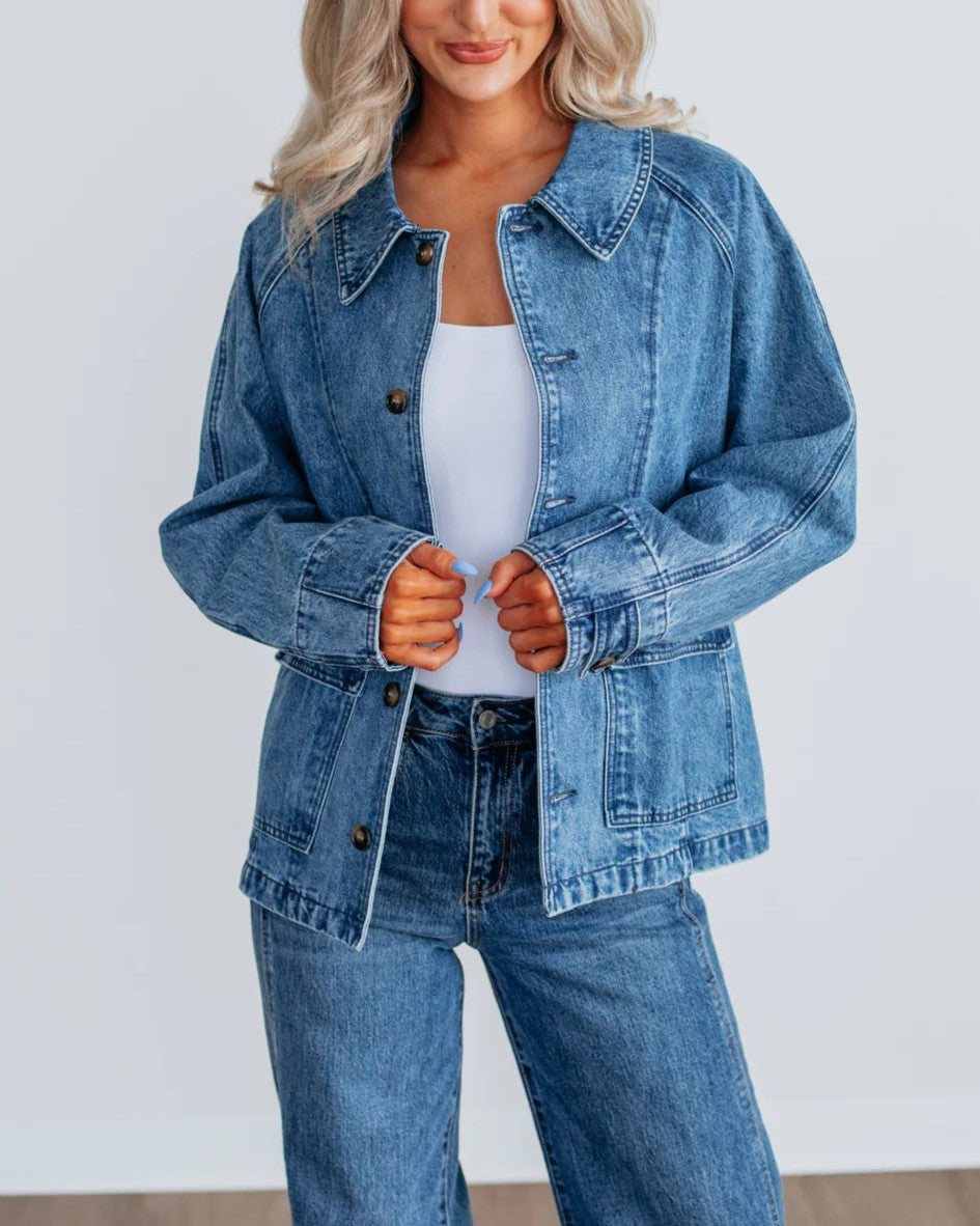 Slouchy Drop Shoulder Denim Trucker Jacket - Blue - 1