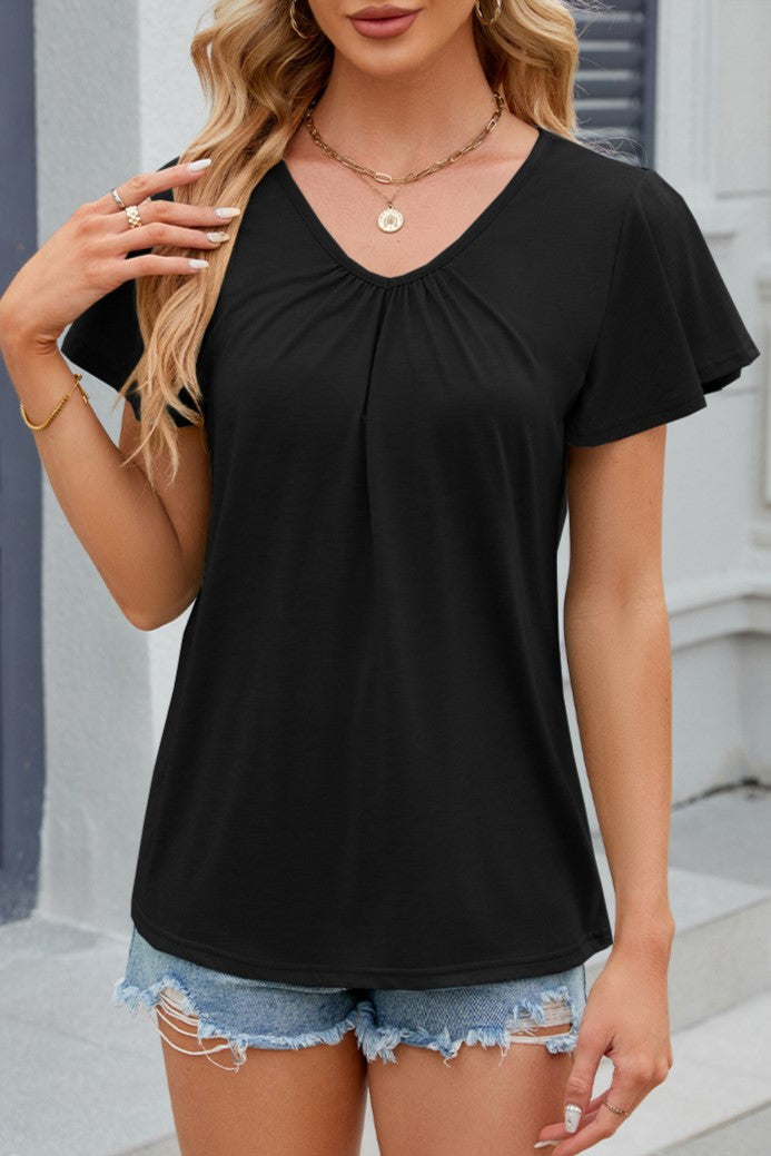Flutter Sleeve Ruched V Neck Top - Black - 1