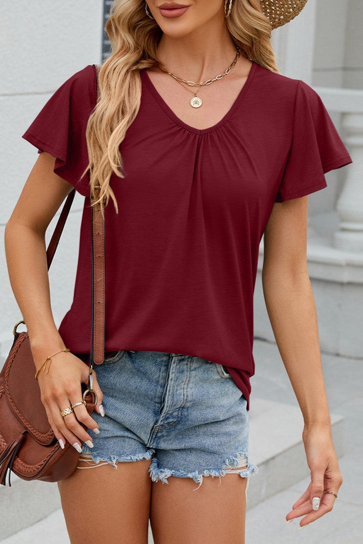 Flutter Sleeve Ruched V Neck Top - Burgundy