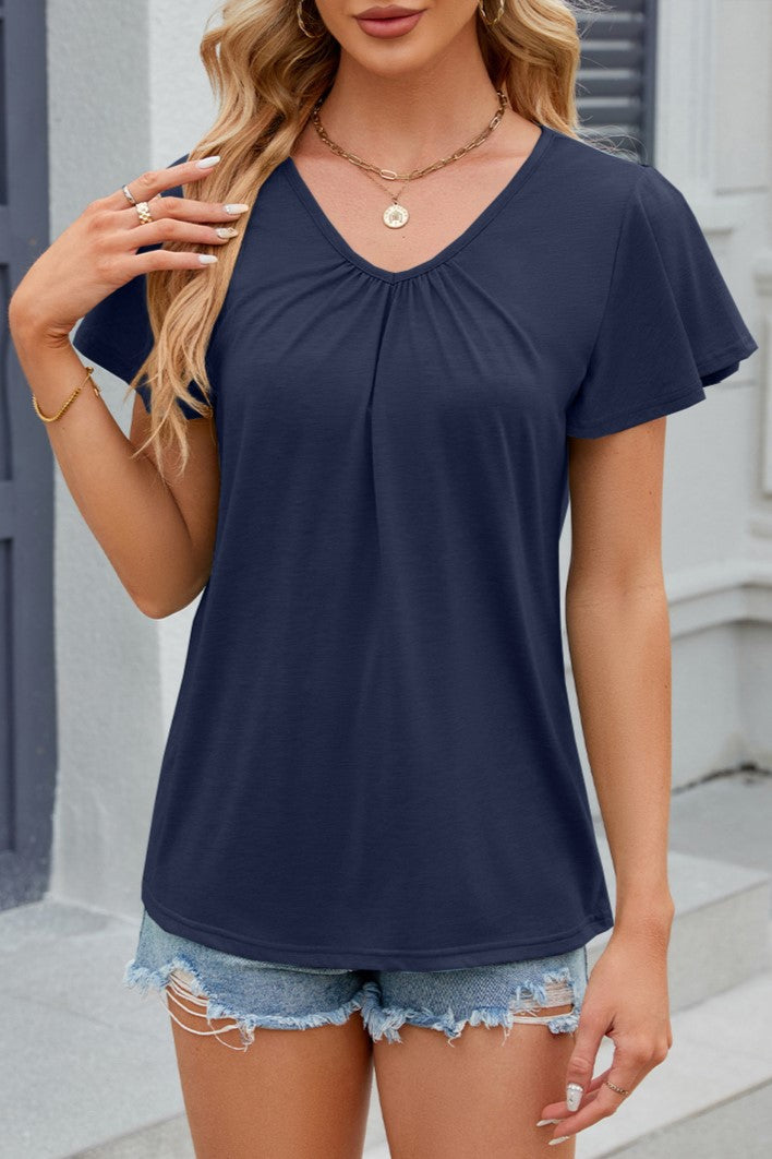 Flutter Sleeve Ruched V Neck Top - Navy