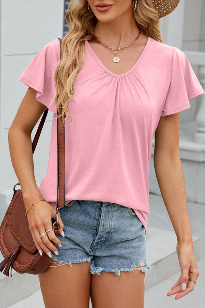 Flutter Sleeve Ruched V Neck Top - Pink