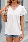 Flutter Sleeve Ruched V Neck Top - White