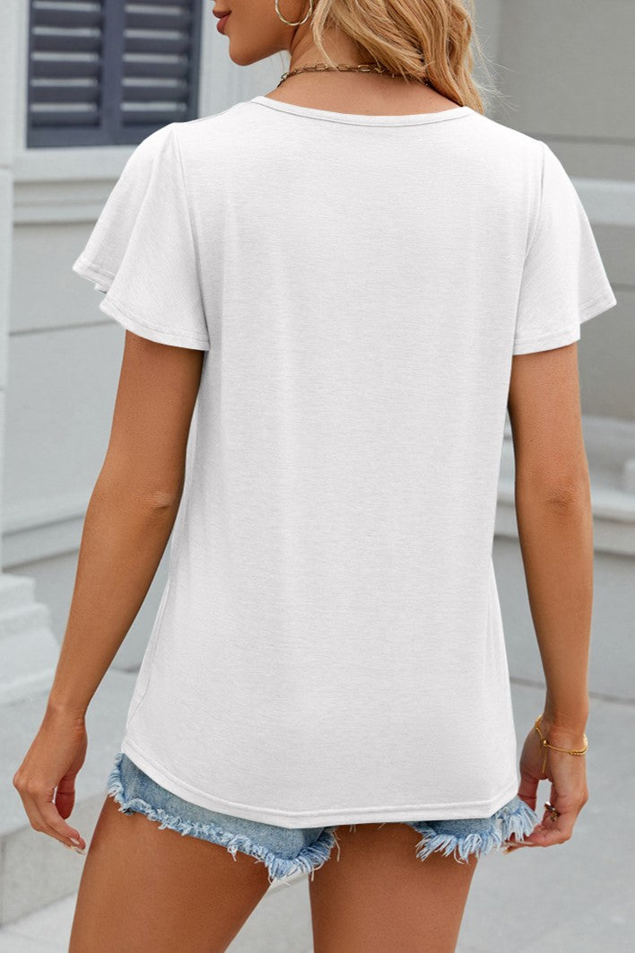 Flutter Sleeve Ruched V Neck Top - White - 6