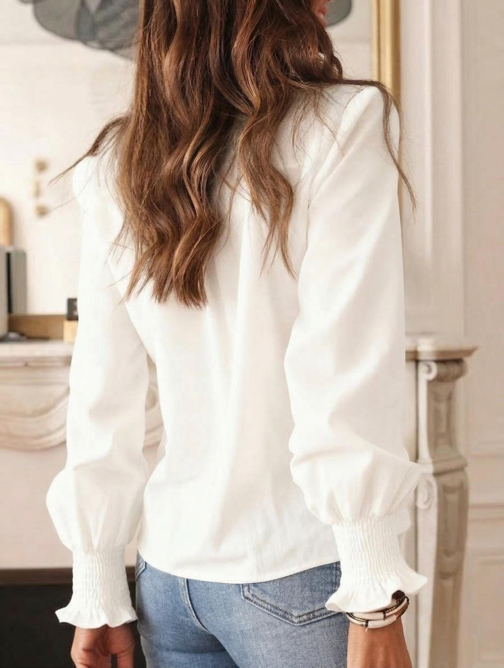 Lace Embroidered Ruffle Cuff Boho Blouse - White - 1
