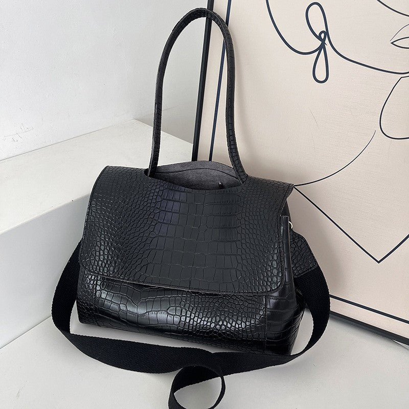 Croc Embossed Flap Tote Bag with Crossbody Strap - Black
