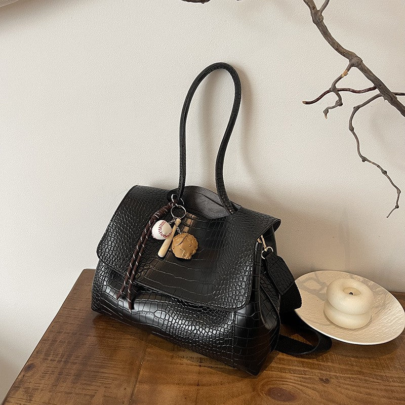 Croc Embossed Flap Tote Bag with Crossbody Strap - Black Charm