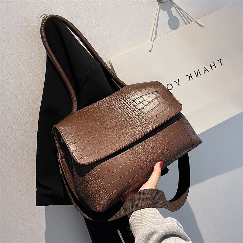 Croc Embossed Flap Tote Bag with Crossbody Strap - Brown