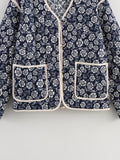 Floral Quilted Contrast Trim Jacket - Navyblue