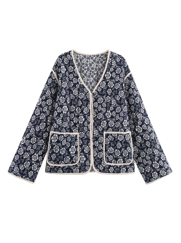 Floral Quilted Contrast Trim Jacket