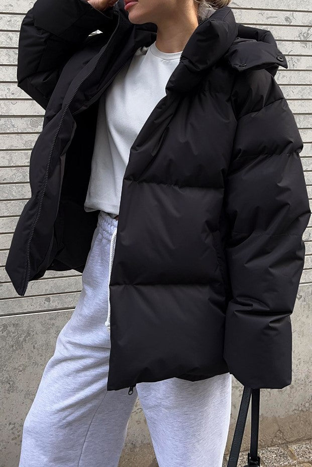 Oversized Hooded Puffer Jacket Drawstring Hem - Black