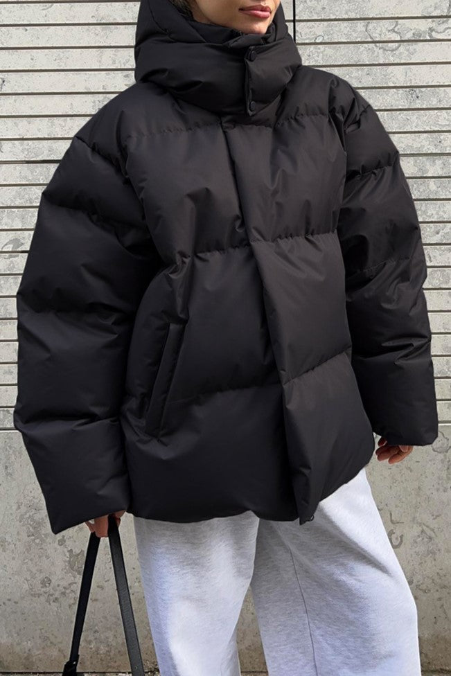 Oversized Hooded Puffer Jacket Drawstring Hem - Black - 1