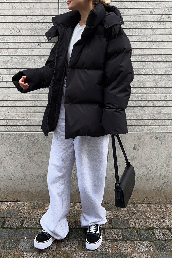Oversized Hooded Puffer Jacket Drawstring Hem - Black - 2