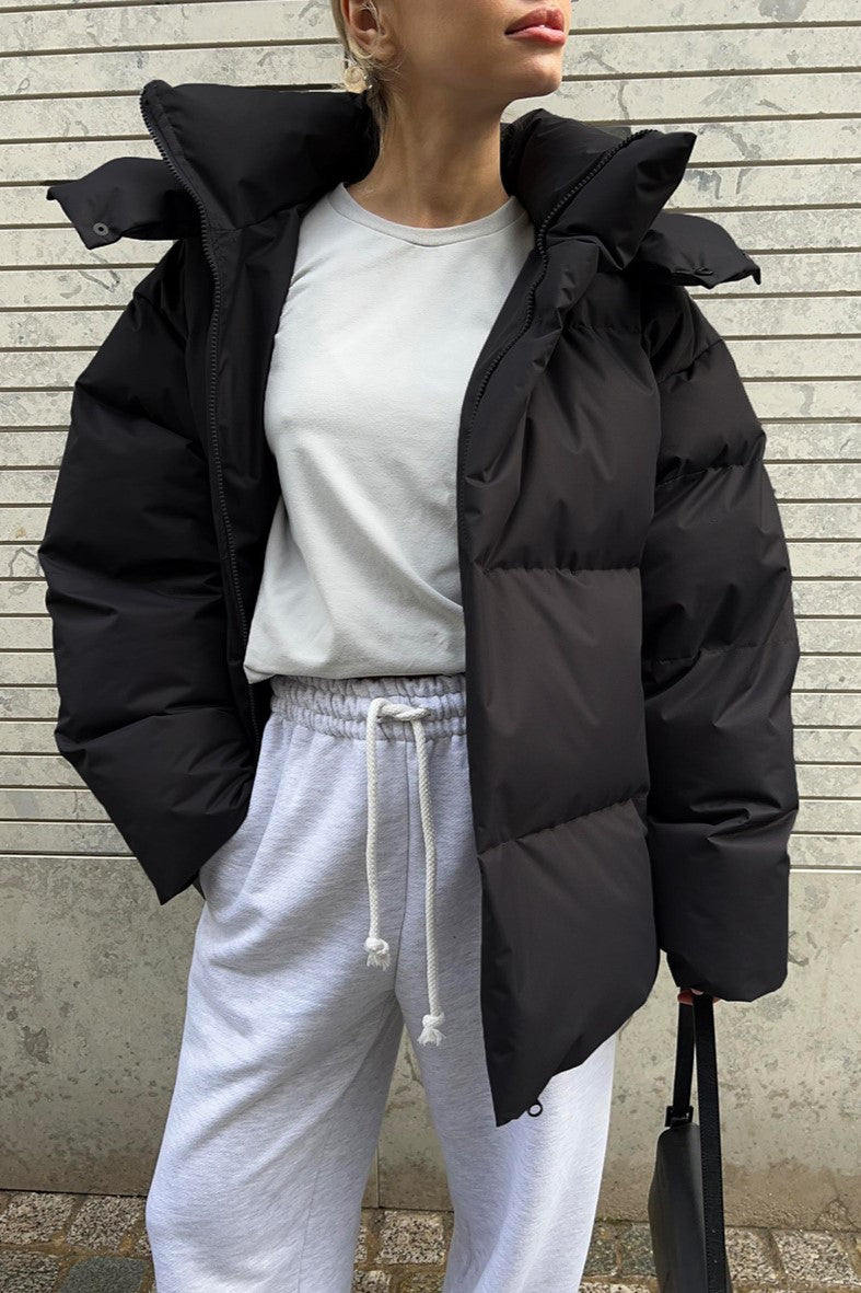 Oversized Hooded Puffer Jacket Drawstring Hem - Black - 3
