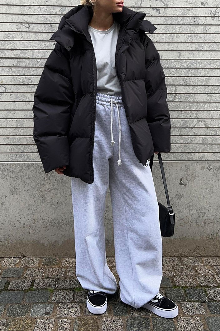 Oversized Hooded Puffer Jacket Drawstring Hem - Black - 4