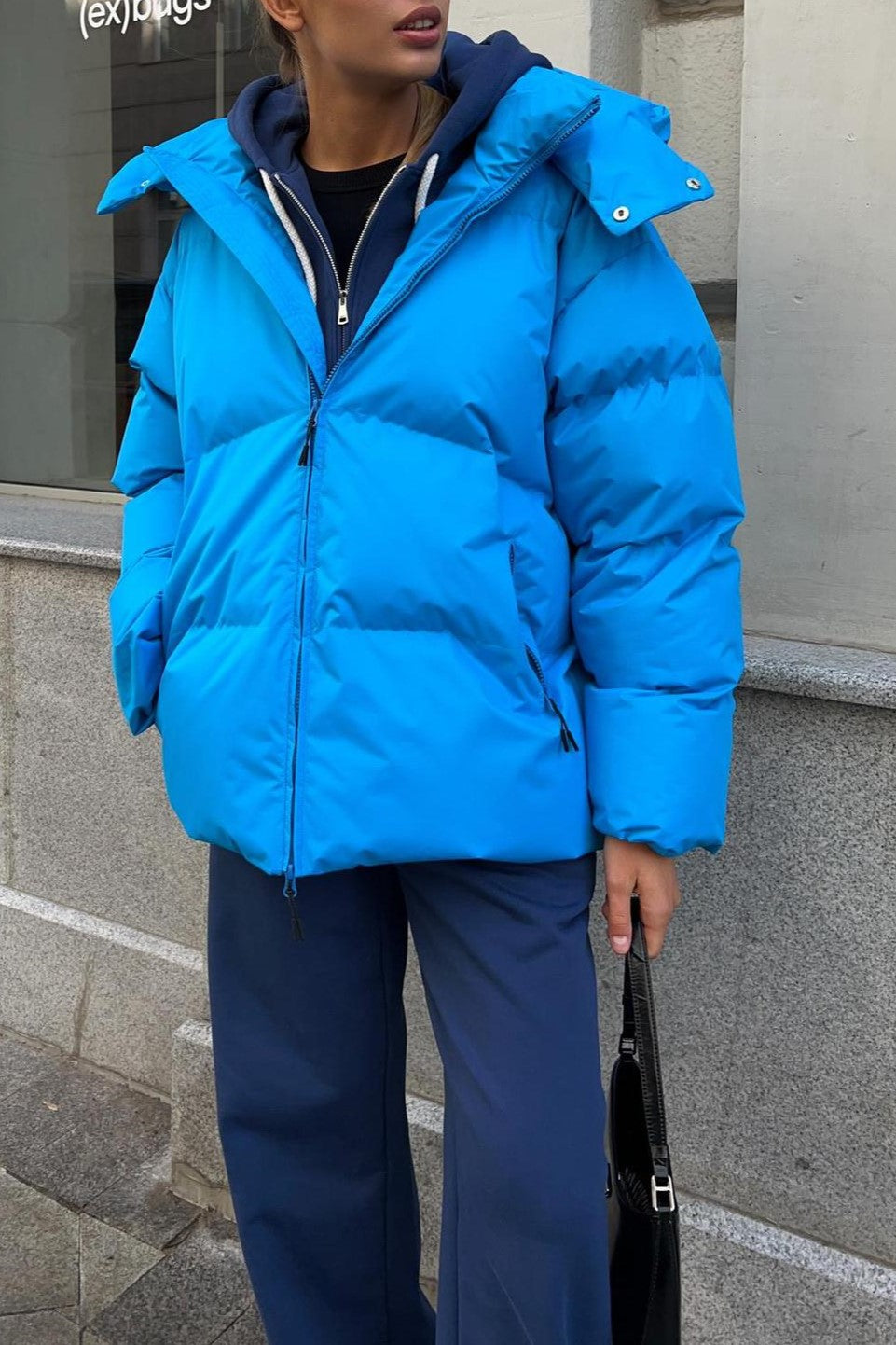 Oversized Hooded Puffer Jacket Drawstring Hem - Blue - 1