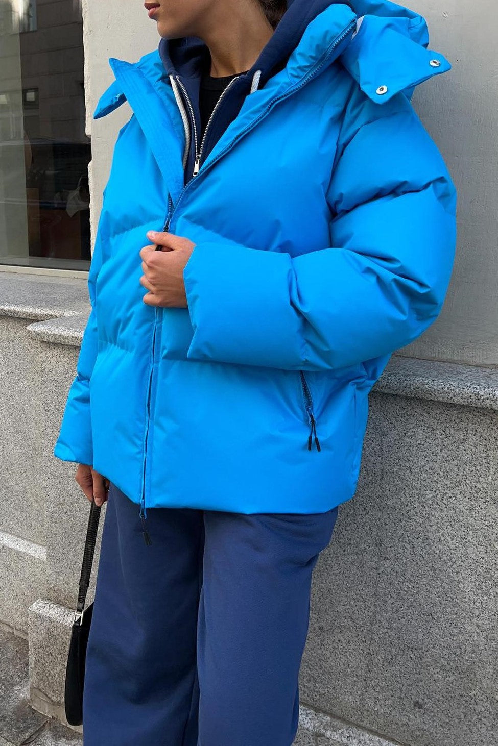 Oversized Hooded Puffer Jacket Drawstring Hem - Blue - 2