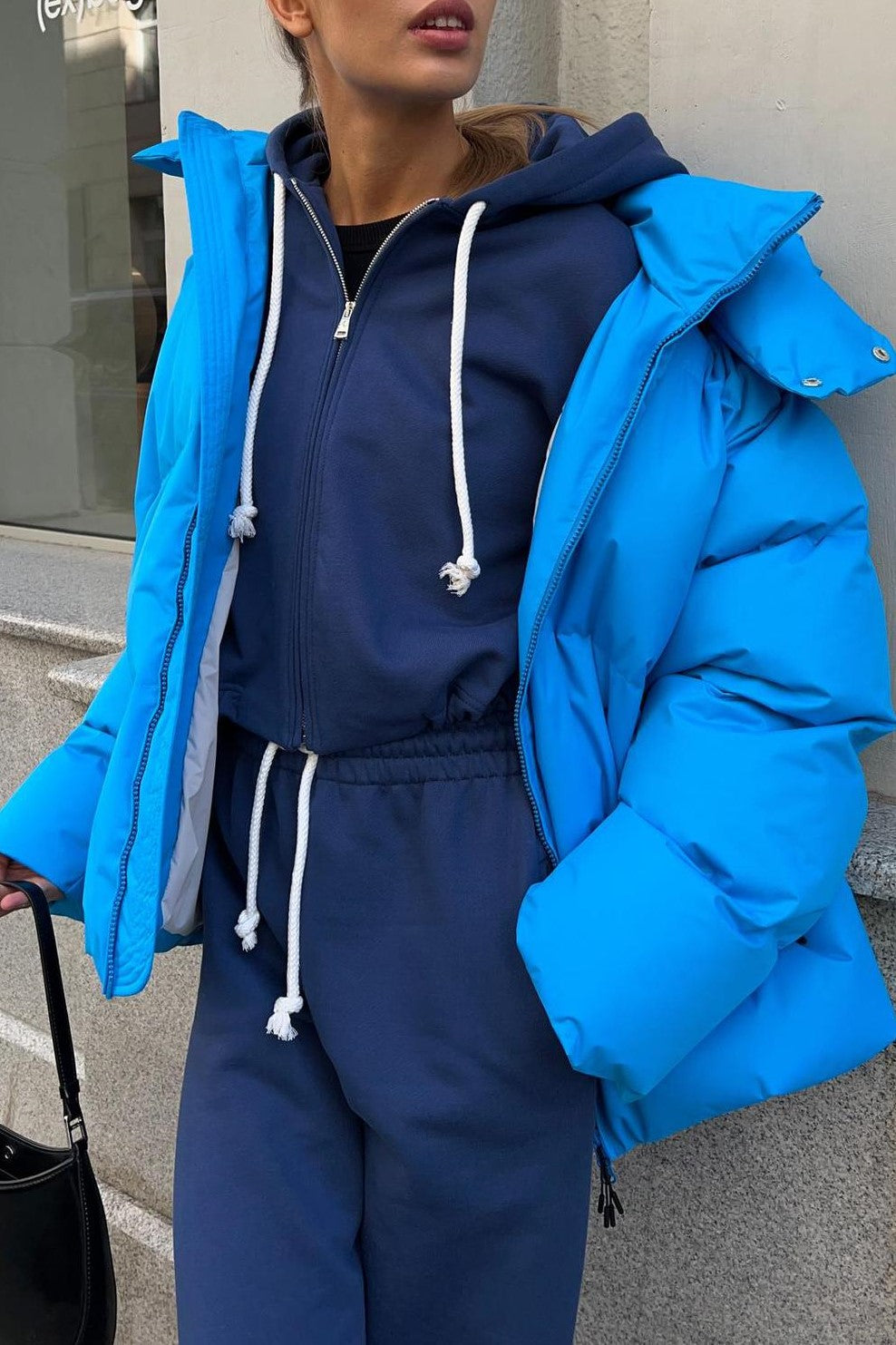 Oversized Hooded Puffer Jacket Drawstring Hem - Blue - 4