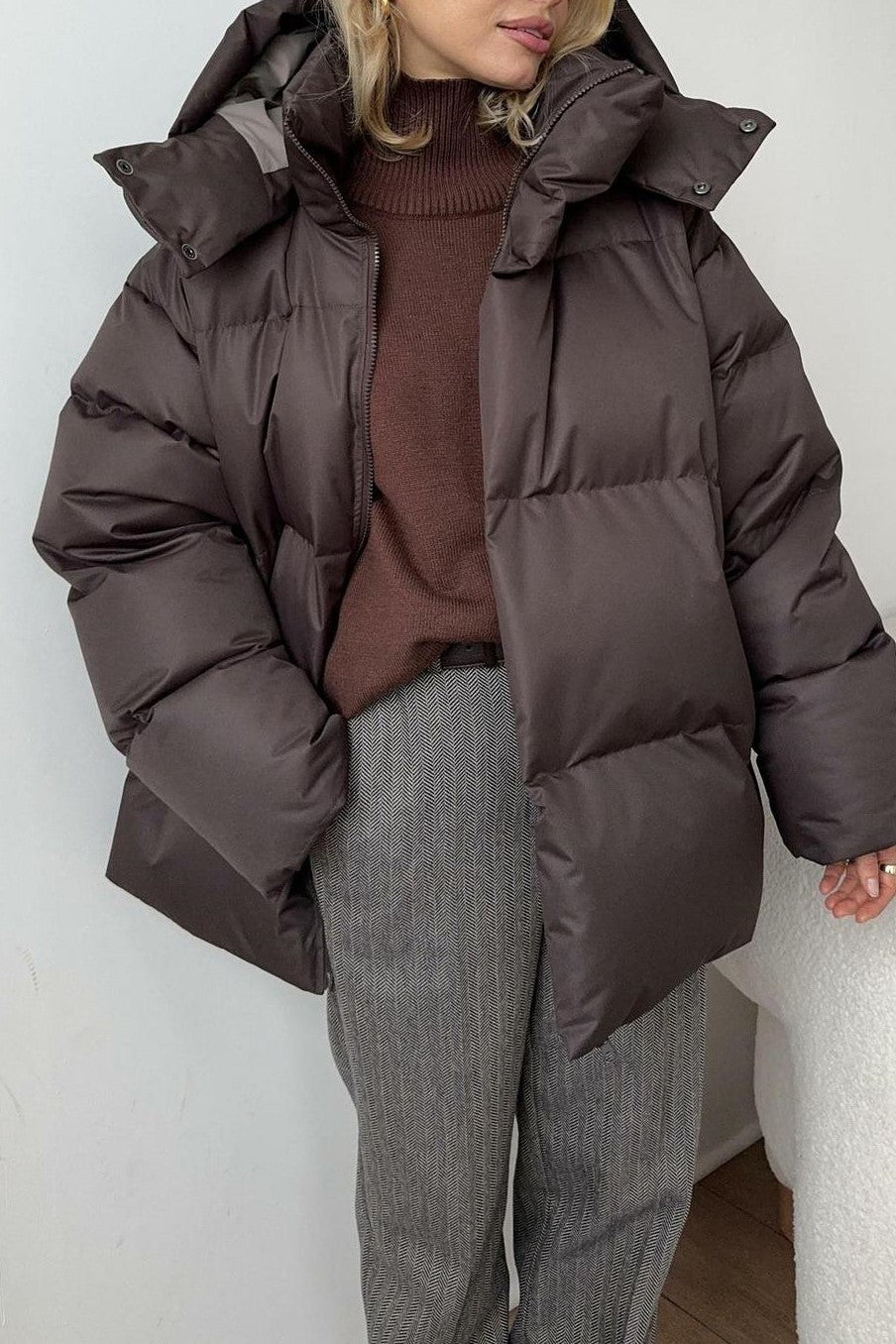 Oversized Hooded Puffer Jacket Drawstring Hem - Brown