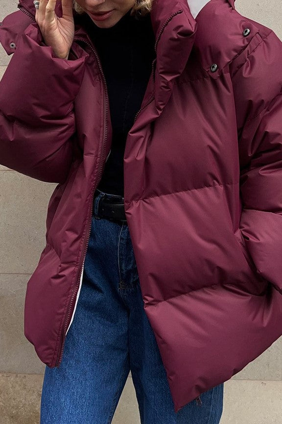 Oversized Hooded Puffer Jacket Drawstring Hem - Burgundy