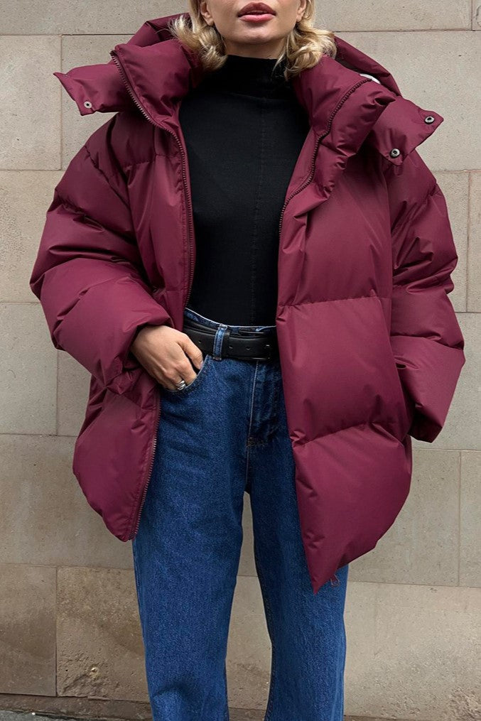 Oversized Hooded Puffer Jacket Drawstring Hem - Burgundy - 1