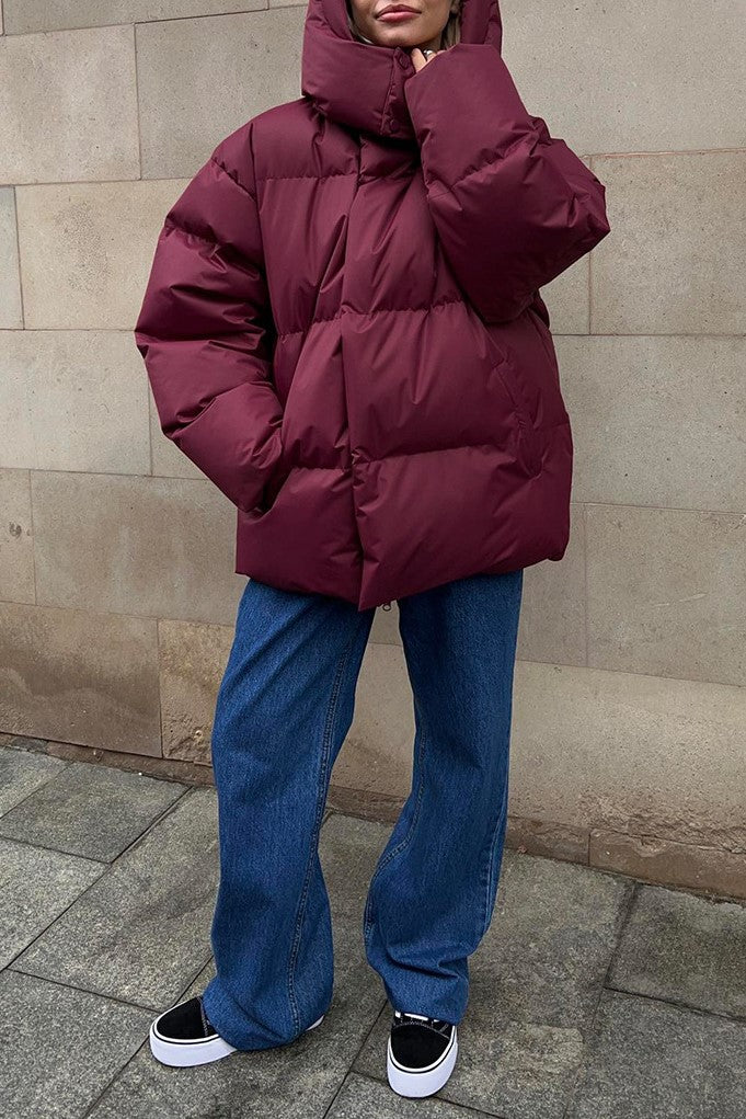 Oversized Hooded Puffer Jacket Drawstring Hem - Burgundy - 2