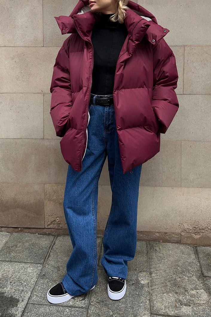 Oversized Hooded Puffer Jacket Drawstring Hem - Burgundy - 3