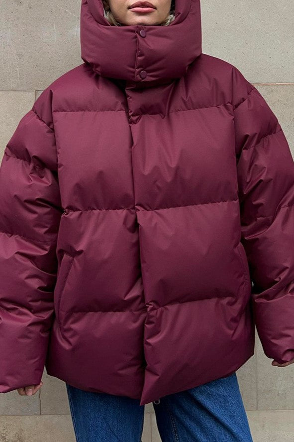 Oversized Hooded Puffer Jacket Drawstring Hem - Burgundy - 4