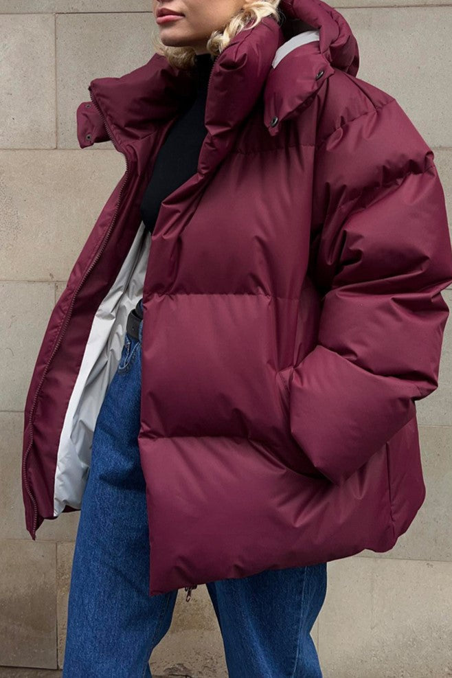 Oversized Hooded Puffer Jacket Drawstring Hem - Burgundy - 5