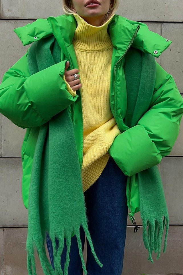 Oversized Hooded Puffer Jacket Drawstring Hem - Green