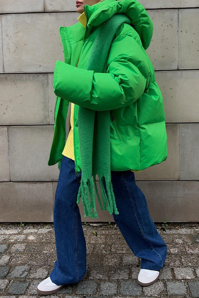 Oversized Hooded Puffer Jacket Drawstring Hem - Green - 1