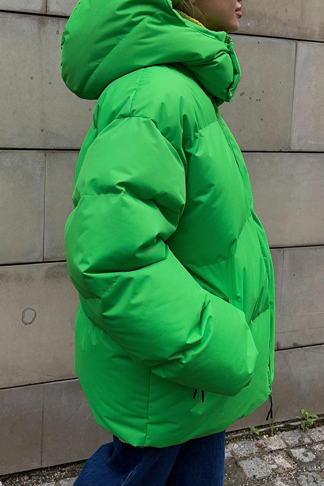 Oversized Hooded Puffer Jacket Drawstring Hem - Green - 2