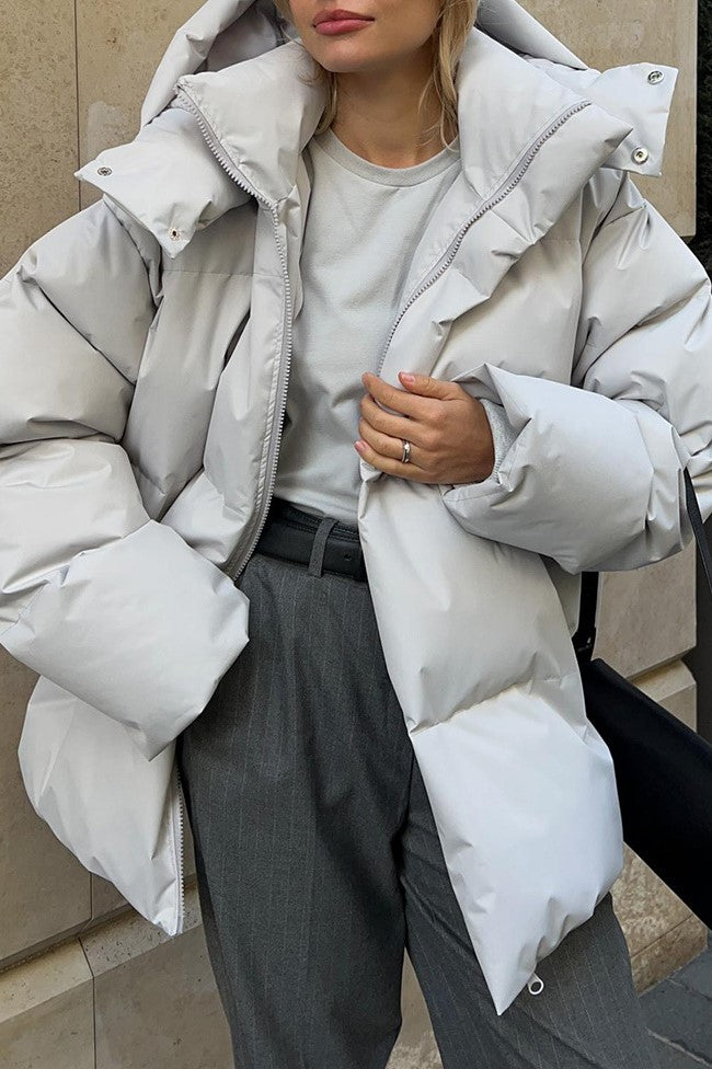 Oversized Hooded Puffer Jacket Drawstring Hem - Grey