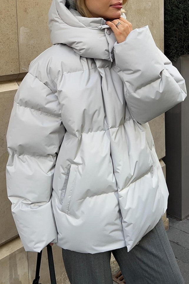 Oversized Hooded Puffer Jacket Drawstring Hem - Grey - 1