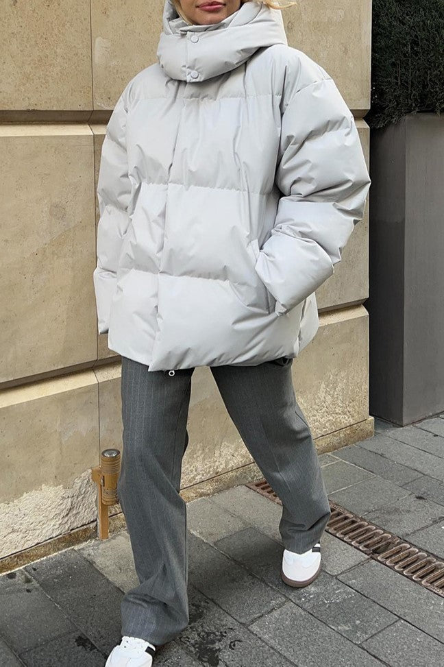 Oversized Hooded Puffer Jacket Drawstring Hem - Grey - 2