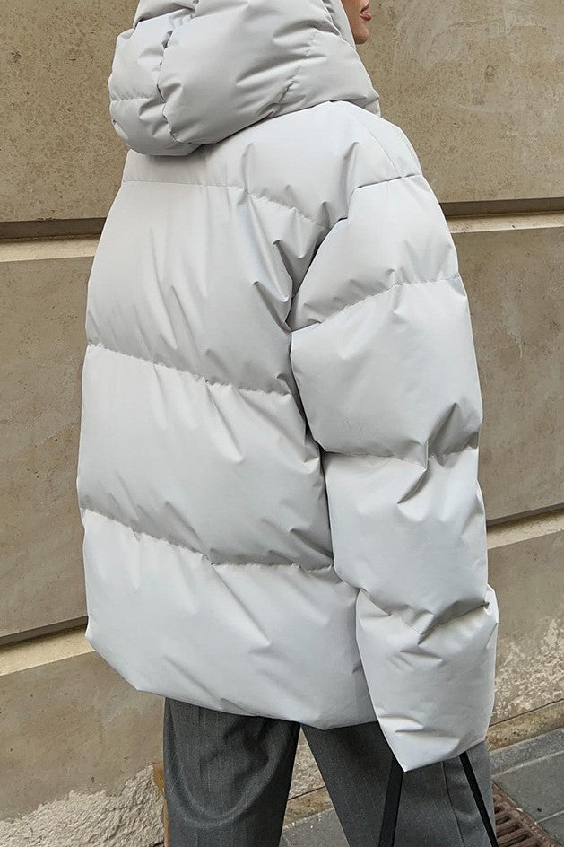 Oversized Hooded Puffer Jacket Drawstring Hem - Grey - 3