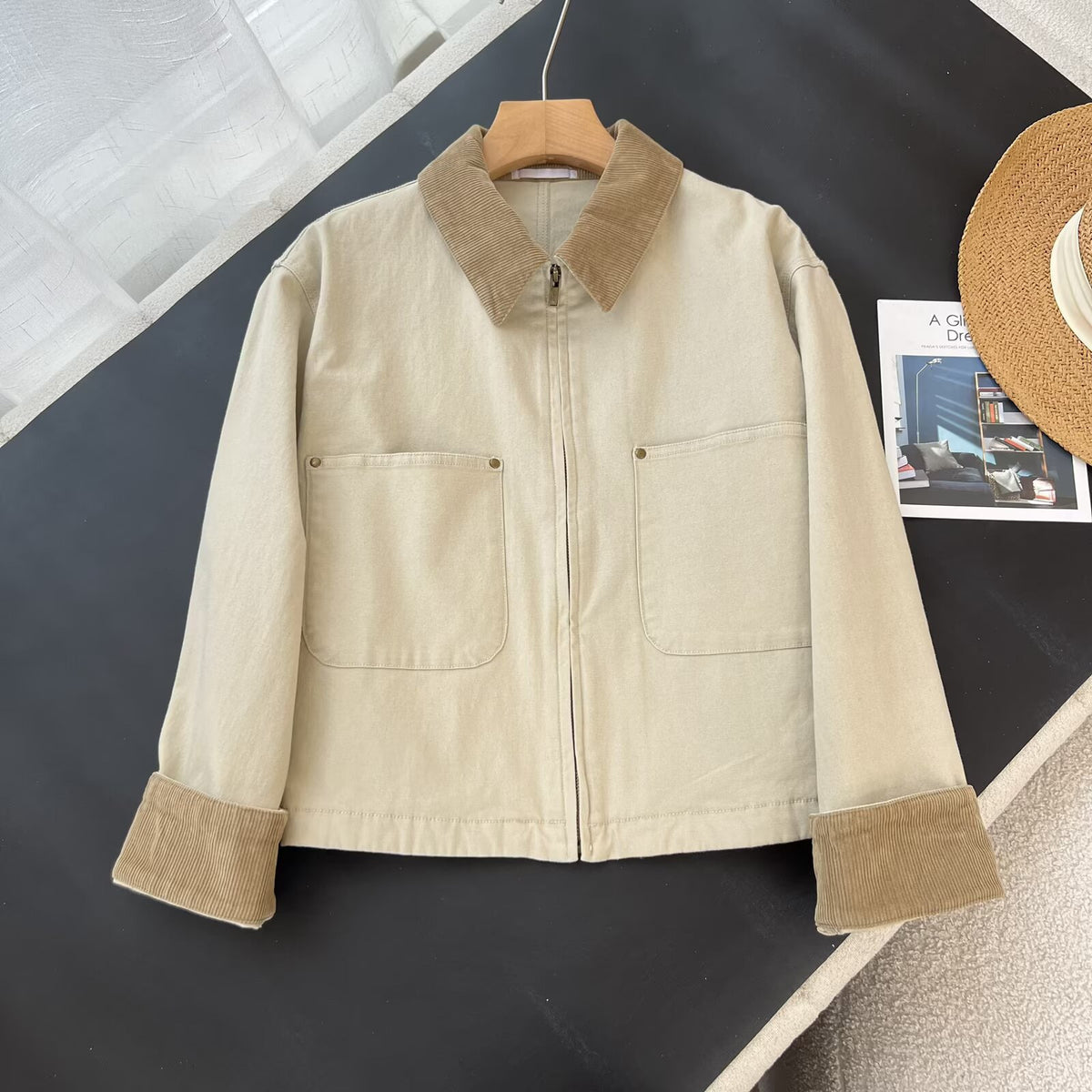 Cropped Corduroy Collar Barn Jacket - beige