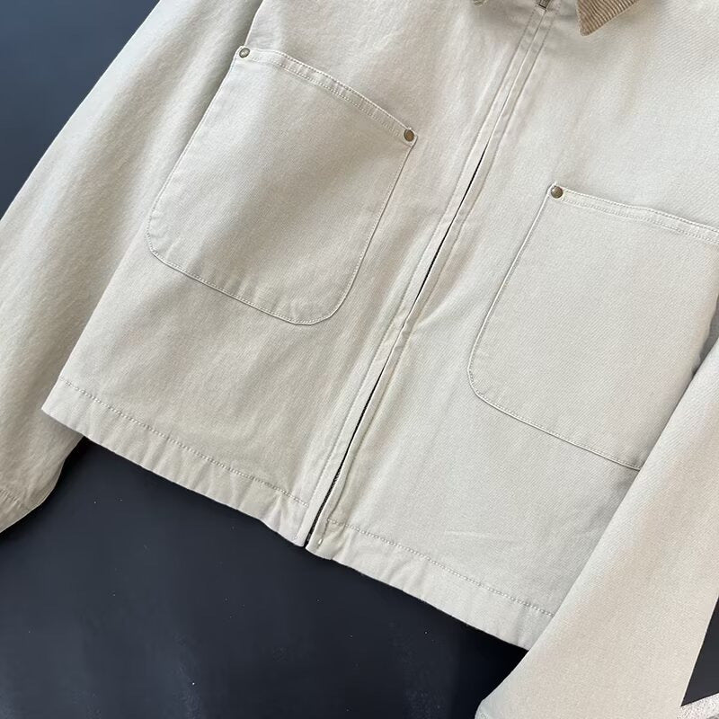 Cropped Corduroy Collar Barn Jacket - beige - 5