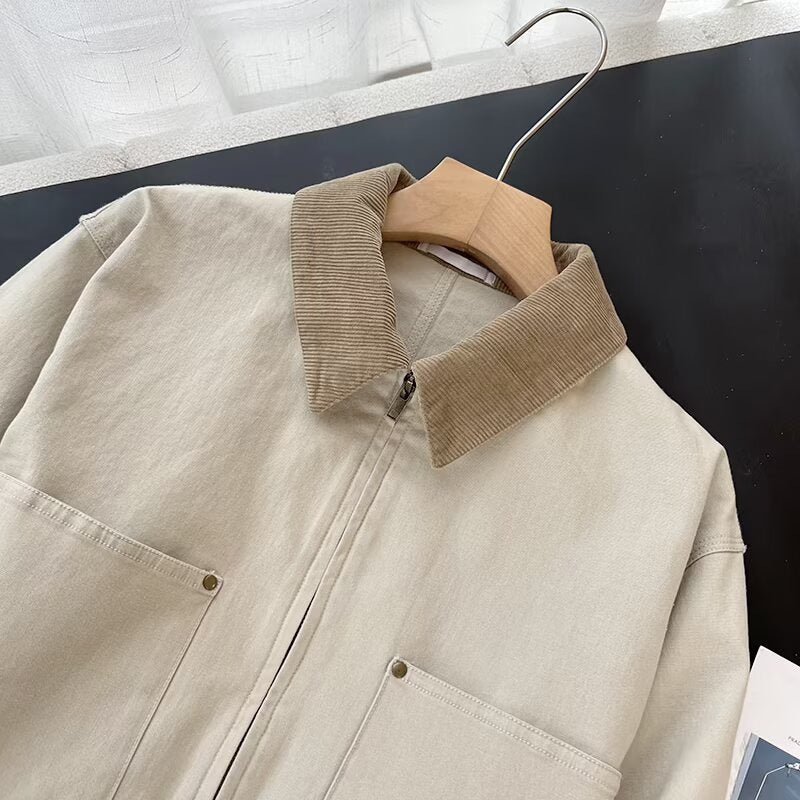 Cropped Corduroy Collar Barn Jacket - beige - 7